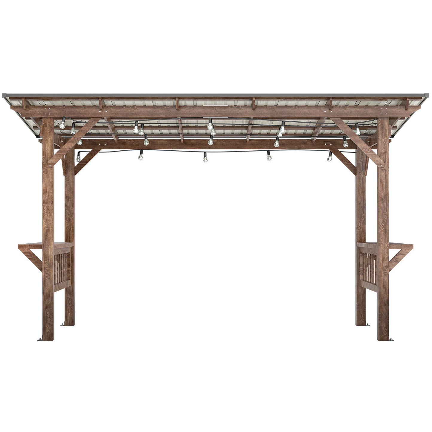 13X 6.5 Ft Wooden Pergola Grill Gazebo With Metal Roof & Bulbs & Bar Counters - LaTezza Online Shop
