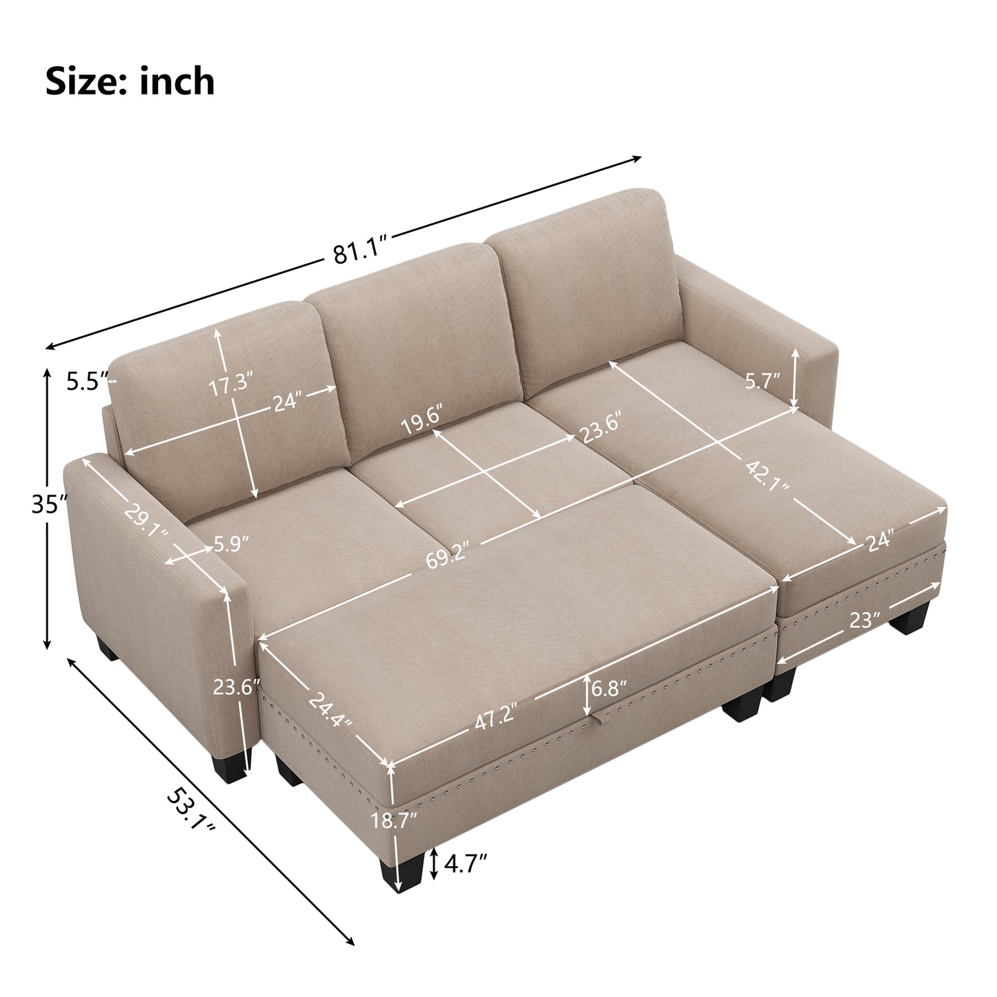 81" Reversible Sectional Couch with Storage Chaise L-Shaped Sofa for Apartment Sectional Set Warm Grey - LaTezza Online Shop