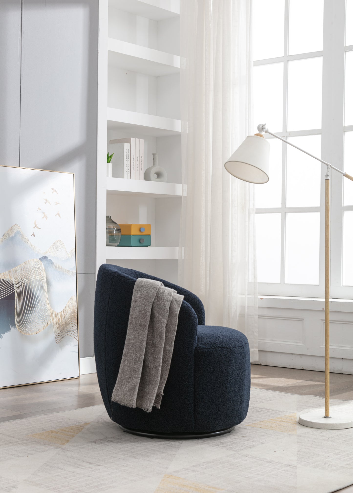 Teddy Fabric Swivel Accent Armchair Barrel Chair With Black Powder Coating Metal Ring Dark Blue - LaTezza Online Shop