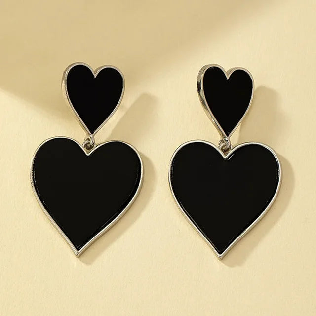 Black Resin Large Metal Heart Dangle Post Earrings For Women Heavy Statement Fashion Jewelry Love Party Accessories - LaTezza Online Shop