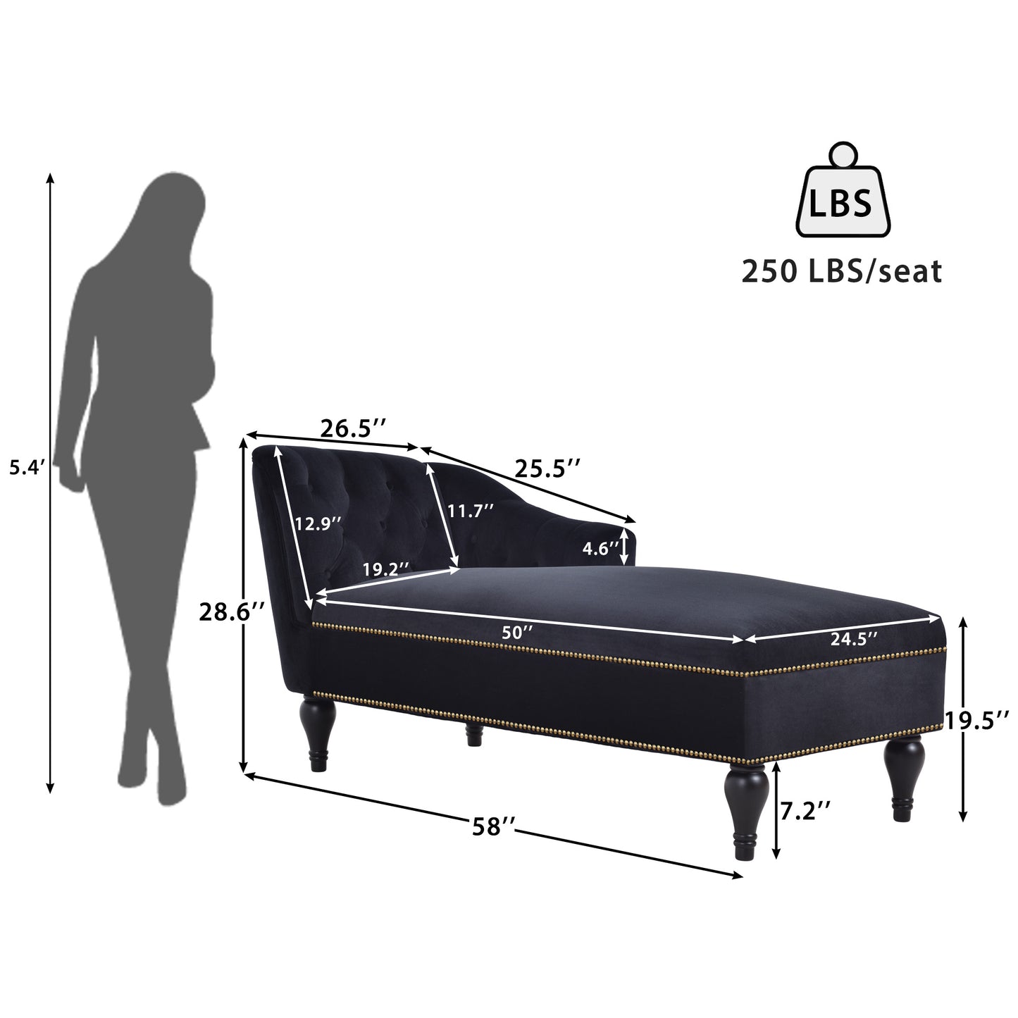 58 inch velvet lounge chair, button cluster right arm lounge chair with nail head decoration and solid wood legs - LaTezza Online Shop