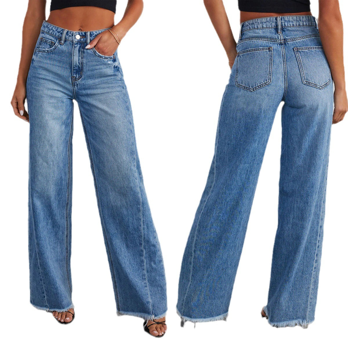 Loose wide leg side seam splicing, brushed hem denim jeans for women - LaTezza Online Shop
