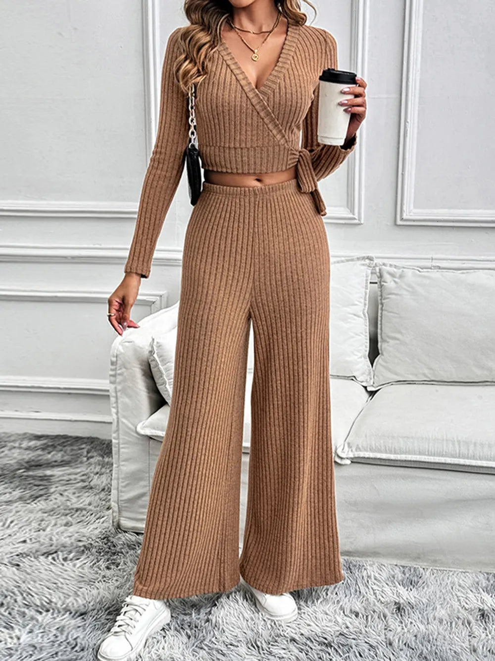 Perfee Surplice Long Sleeve Top and Pants Set - LaTezza Online Shop