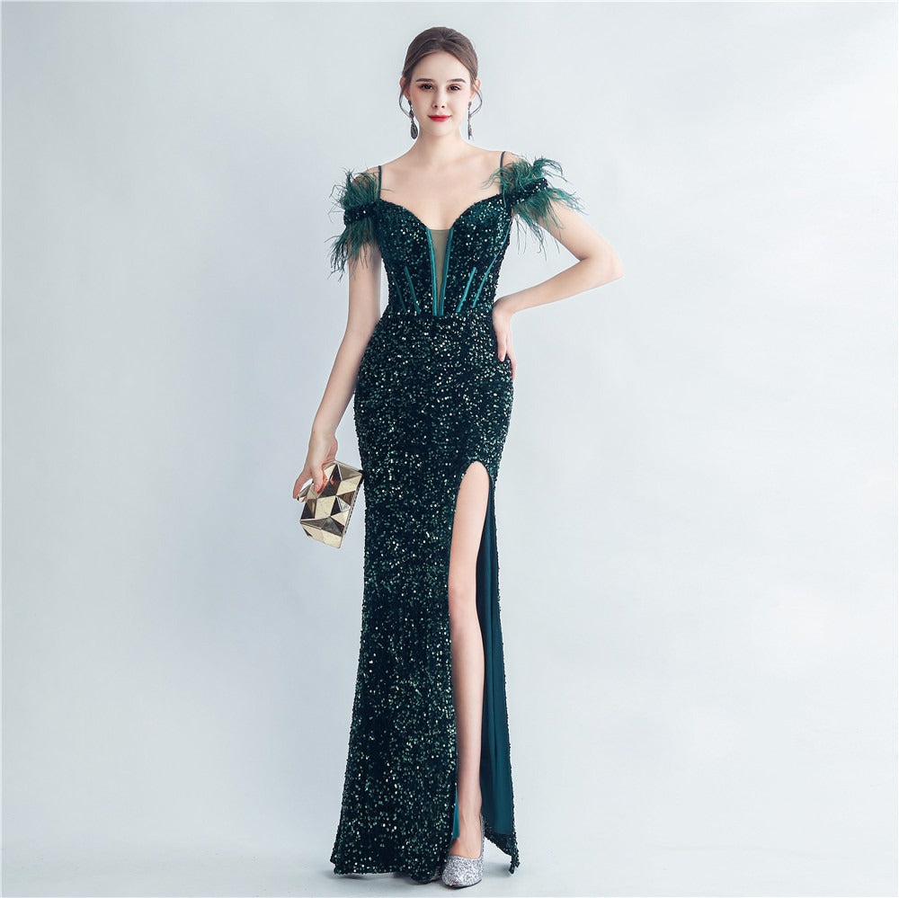 Evening gown ostrich feather tie rope corset sequined mermaid shaped - LaTezza Online Shop