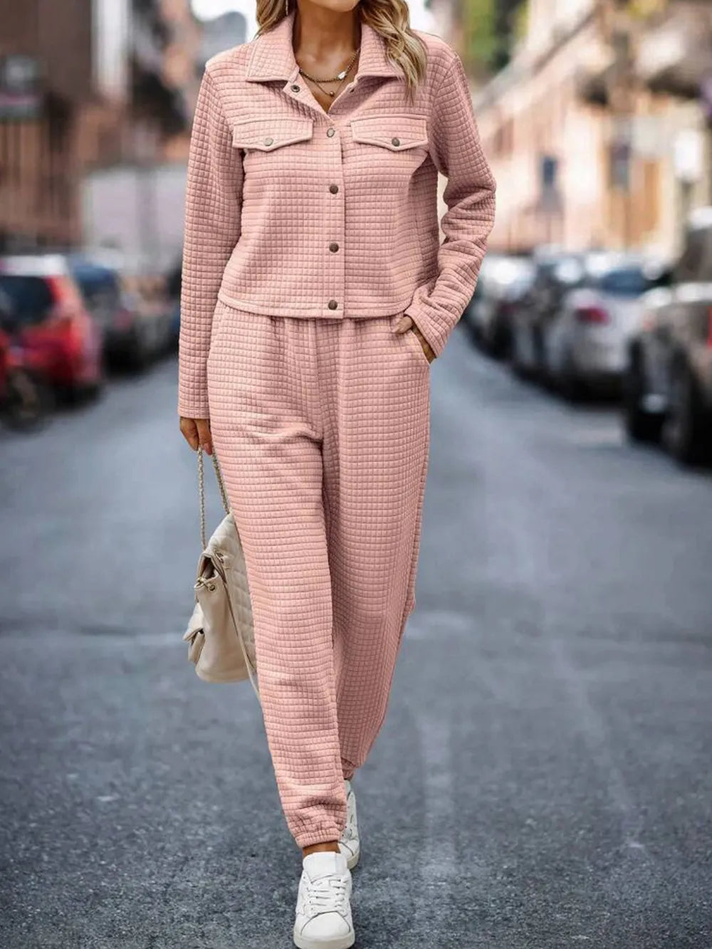Plaid Texture Snap Down Top and Pants Set - LaTezza Online Shop