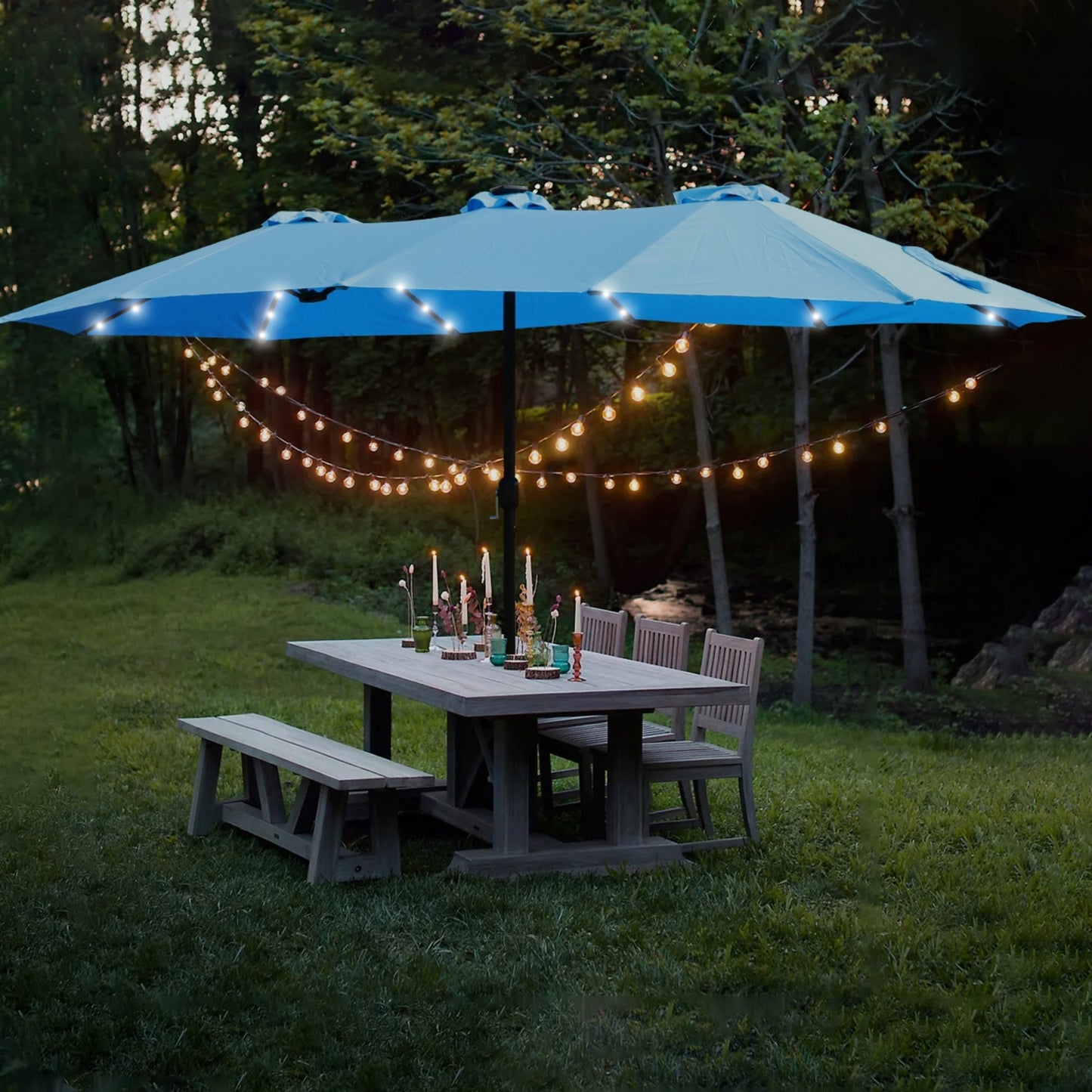 15x9ft Large Double-Sided Rectangular Outdoor Twin Patio Market Umbrella With Light And Base- Blue - LaTezza Online Shop