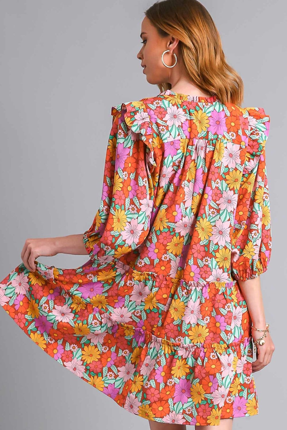 Umgee Full Size Ruffled Flower Print Tie Neck Tiered Dress Plus Size - LaTezza Online Shop