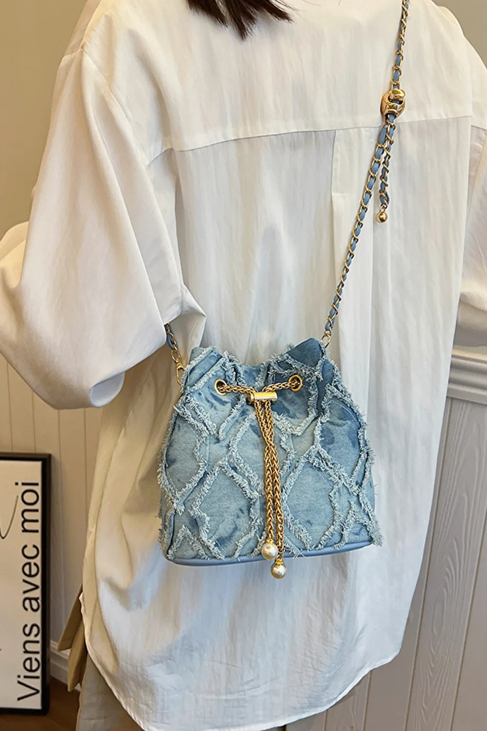Chain Drawstring Raw Edge Denim Bucket Bag - LaTezza Online Shop