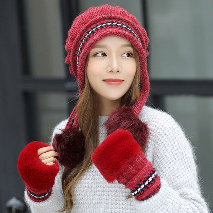 Knit Fleece-Feel Beanie With Ear Flaps & Pompom Warm Winter Hat For Women - LaTezza Online Shop