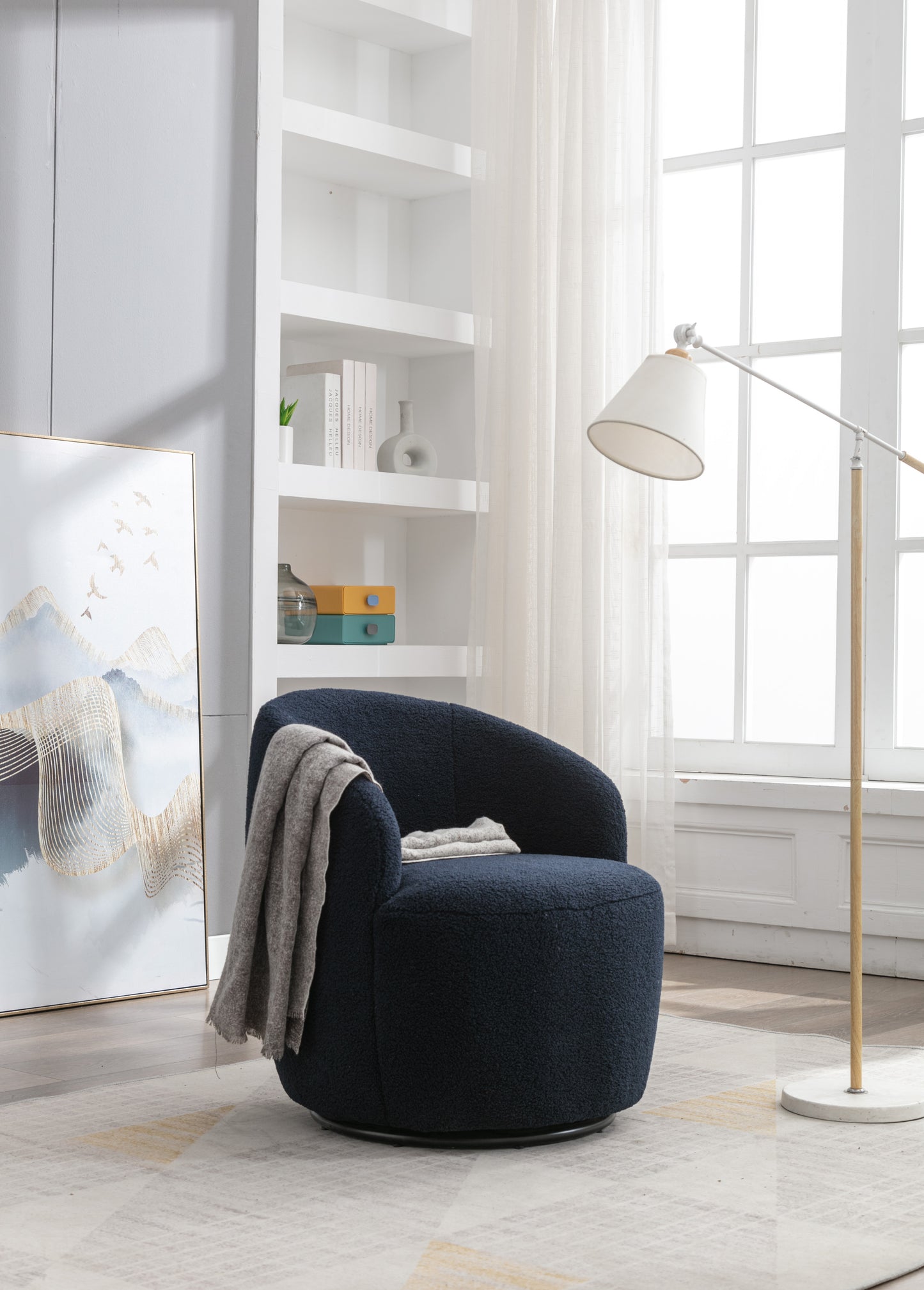 Teddy Fabric Swivel Accent Armchair Barrel Chair With Black Powder Coating Metal Ring Dark Blue - LaTezza Online Shop