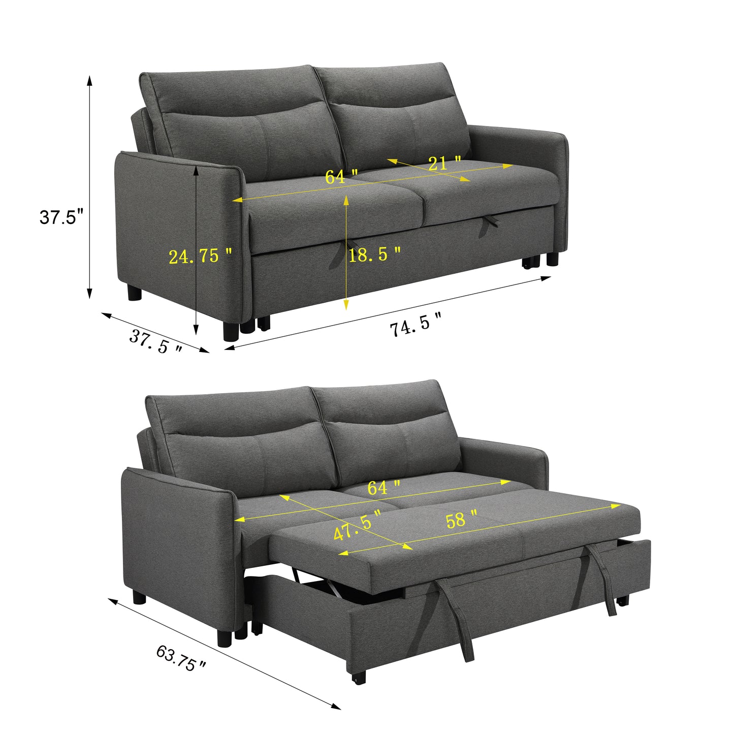 3 in 1 Convertible Sleeper Sofa Bed Modern Fabric Loveseat Futon Sofa Couch w/Pullout Bed Grey - LaTezza Online Shop