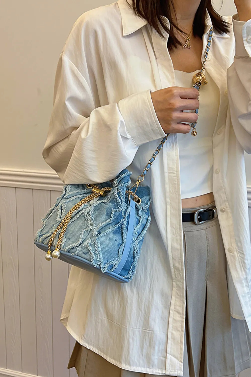 Chain Drawstring Raw Edge Denim Bucket Bag - LaTezza Online Shop