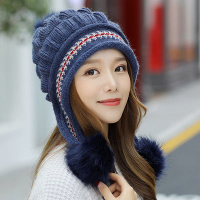 Knit Fleece-Feel Beanie With Ear Flaps & Pompom Warm Winter Hat For Women - LaTezza Online Shop