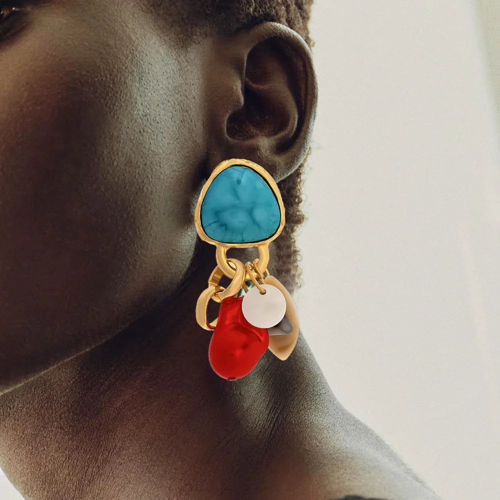 Retro ethnic style turquoise shell tassel earrings European and American imitation gemstone earrings - LaTezza Online Shop