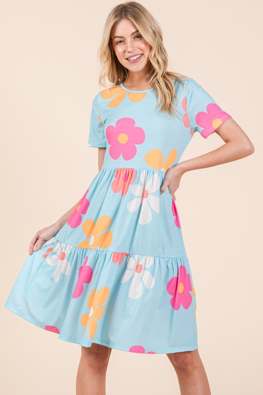 BOMBOM Floral Round Neck Short Sleeve Tiered Dress - LaTezza Online Shop