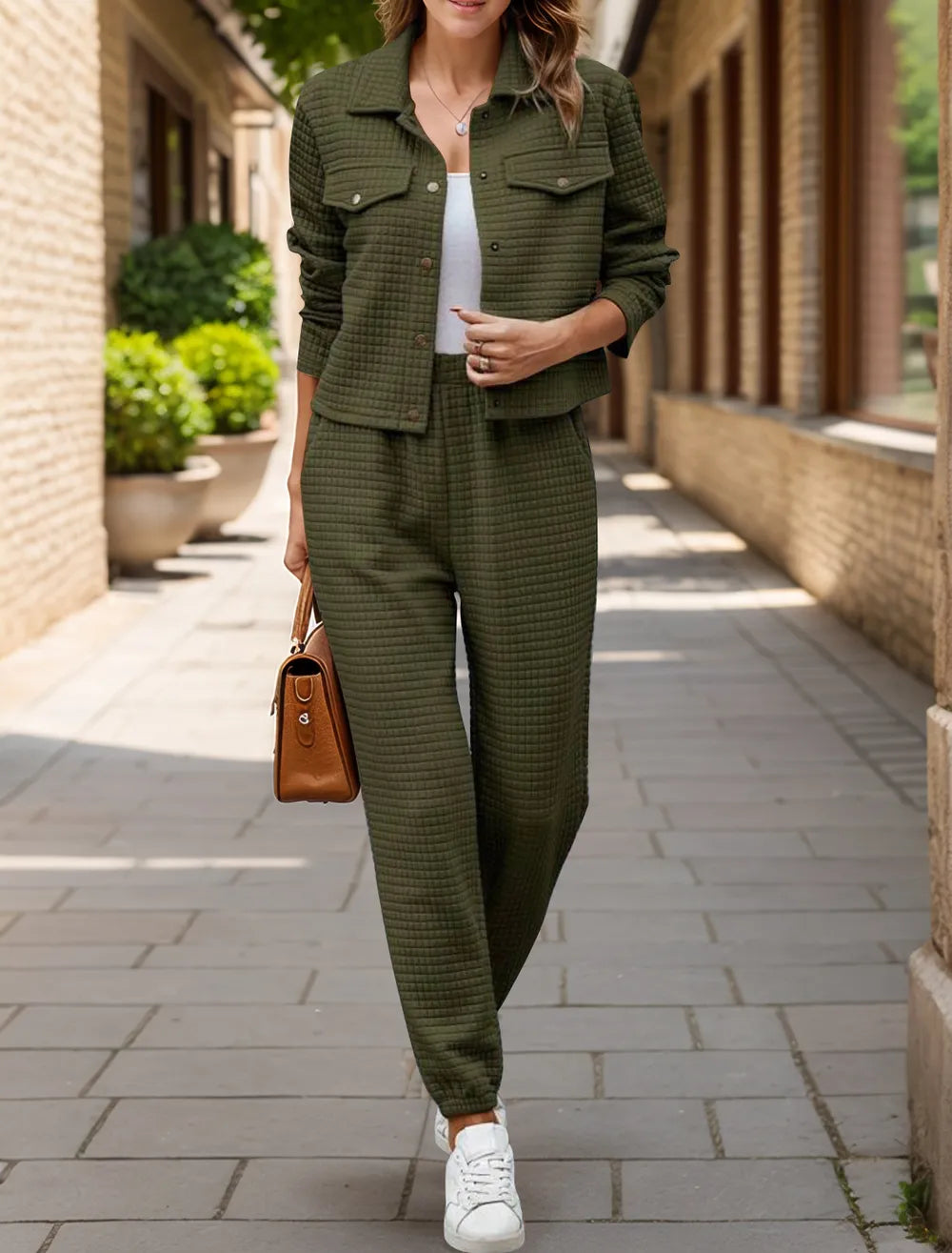 Plaid Texture Snap Down Top and Pants Set - LaTezza Online Shop
