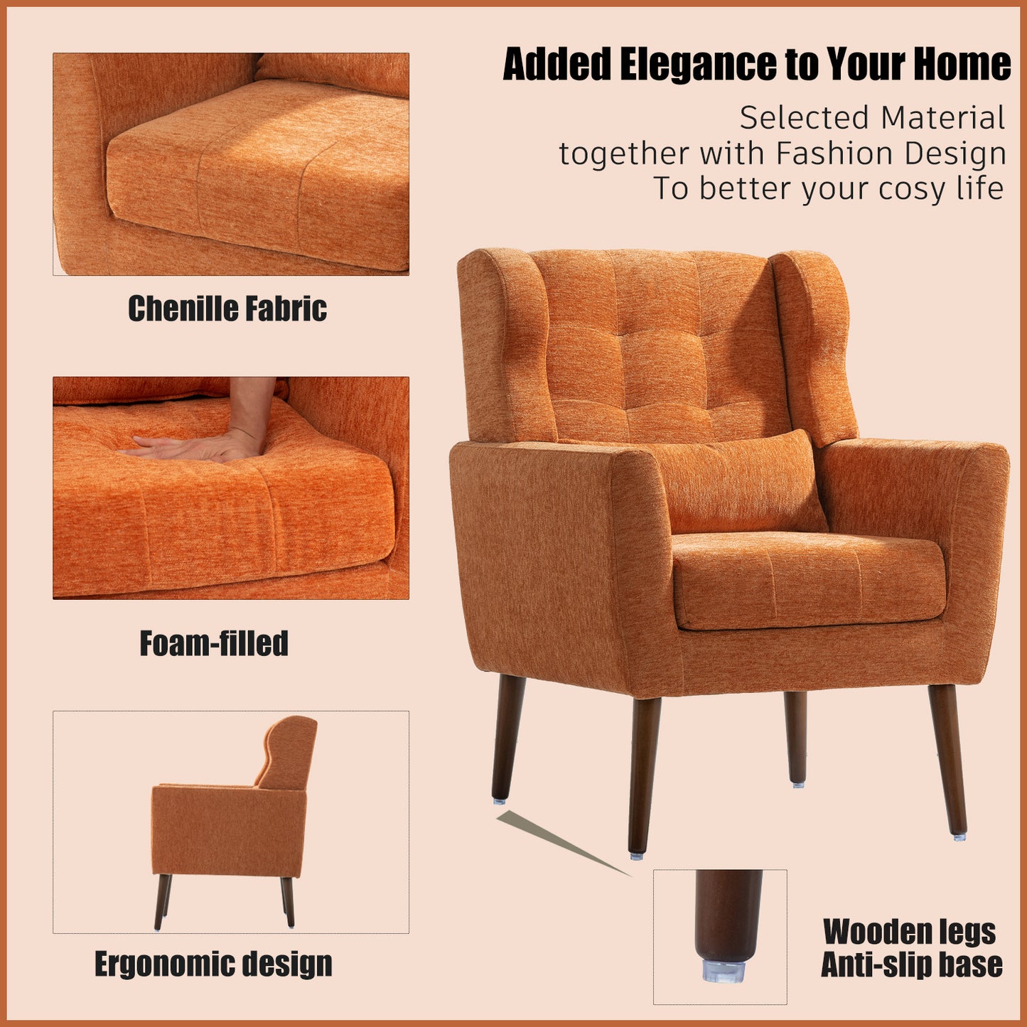 Modern Accent Chair Upholstered Foam Filled Living Room Chairs Comfy Reading Chair Mid Century Modern Chair (Orange) - LaTezza Online Shop