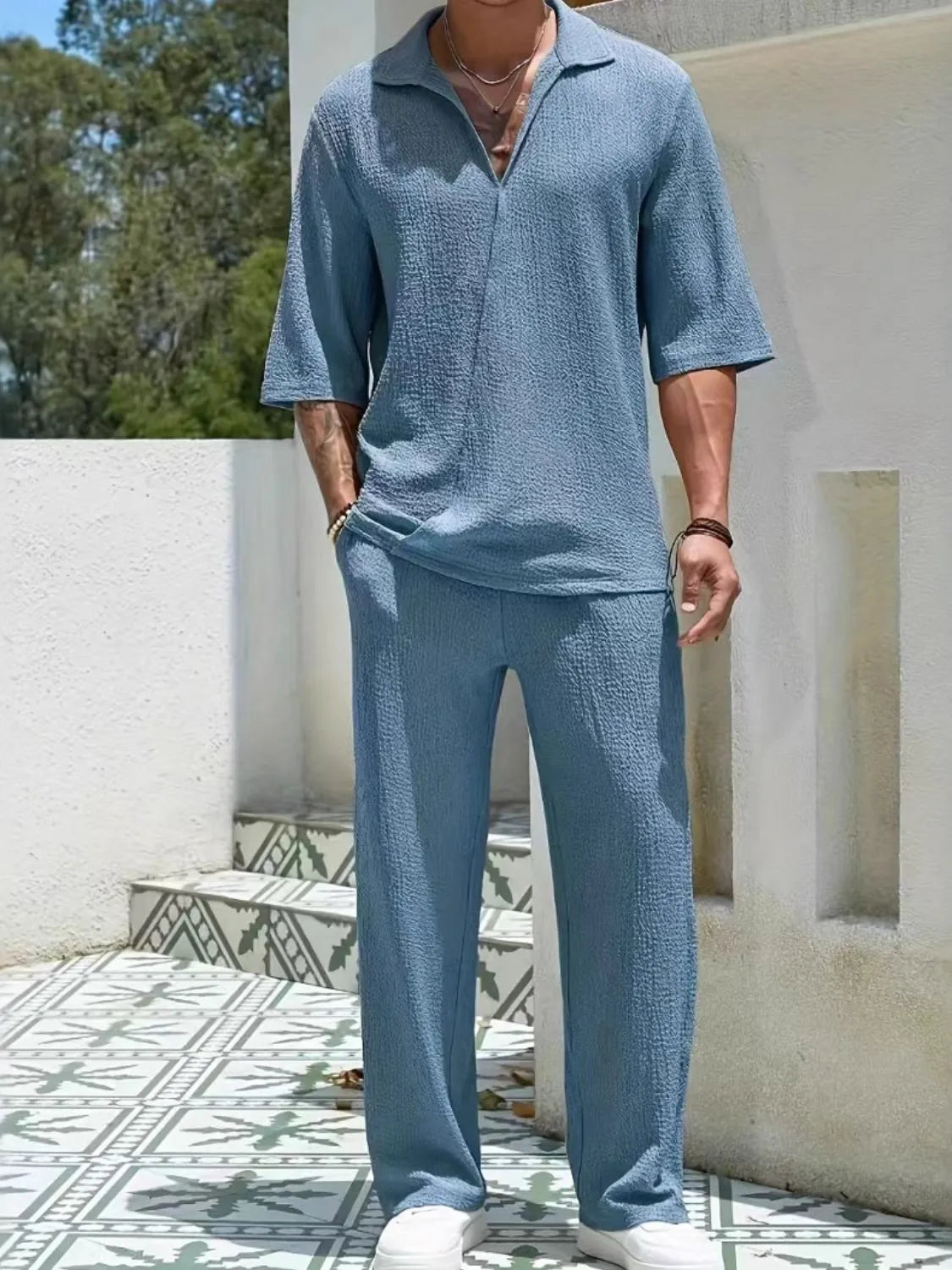 Men's Johnny Collar Half Sleeve Top and Pants Set - LaTezza Online Shop