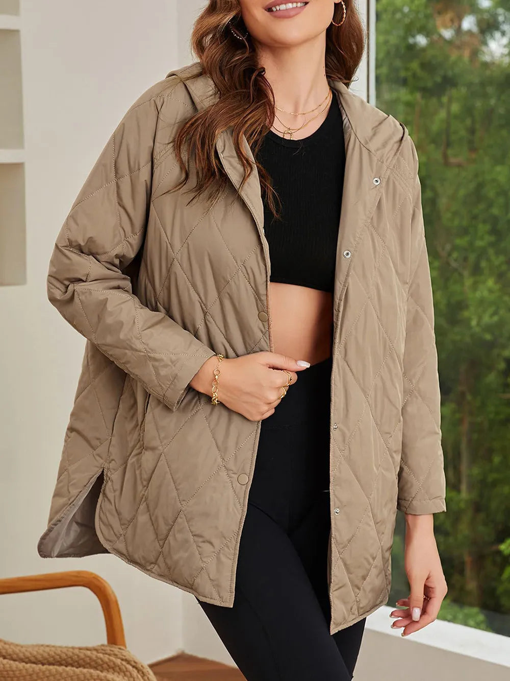 Slit Snap Down Long Sleeve Hooded Jacket - LaTezza Online Shop