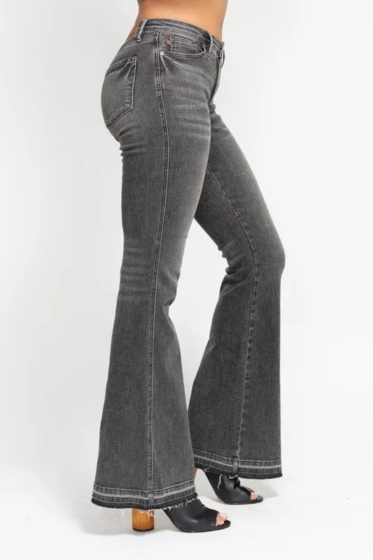 Judy Blue Full Size Mid Rise Tummy Control Washed Gray Release Hem Flare Jeans Plus Size - LaTezza Online Shop