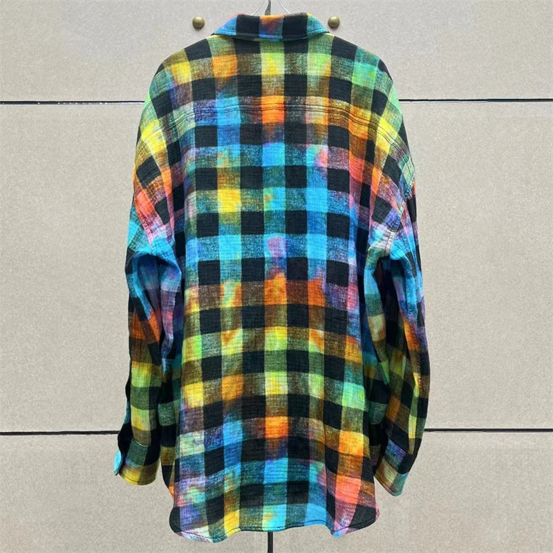 Fashion Woman Blouse Autumn New Rainbow Plaid Women's Shirt Washed Old Pure Cotton Long Sleeved Top Loose And Thin Coat - LaTezza Online Shop