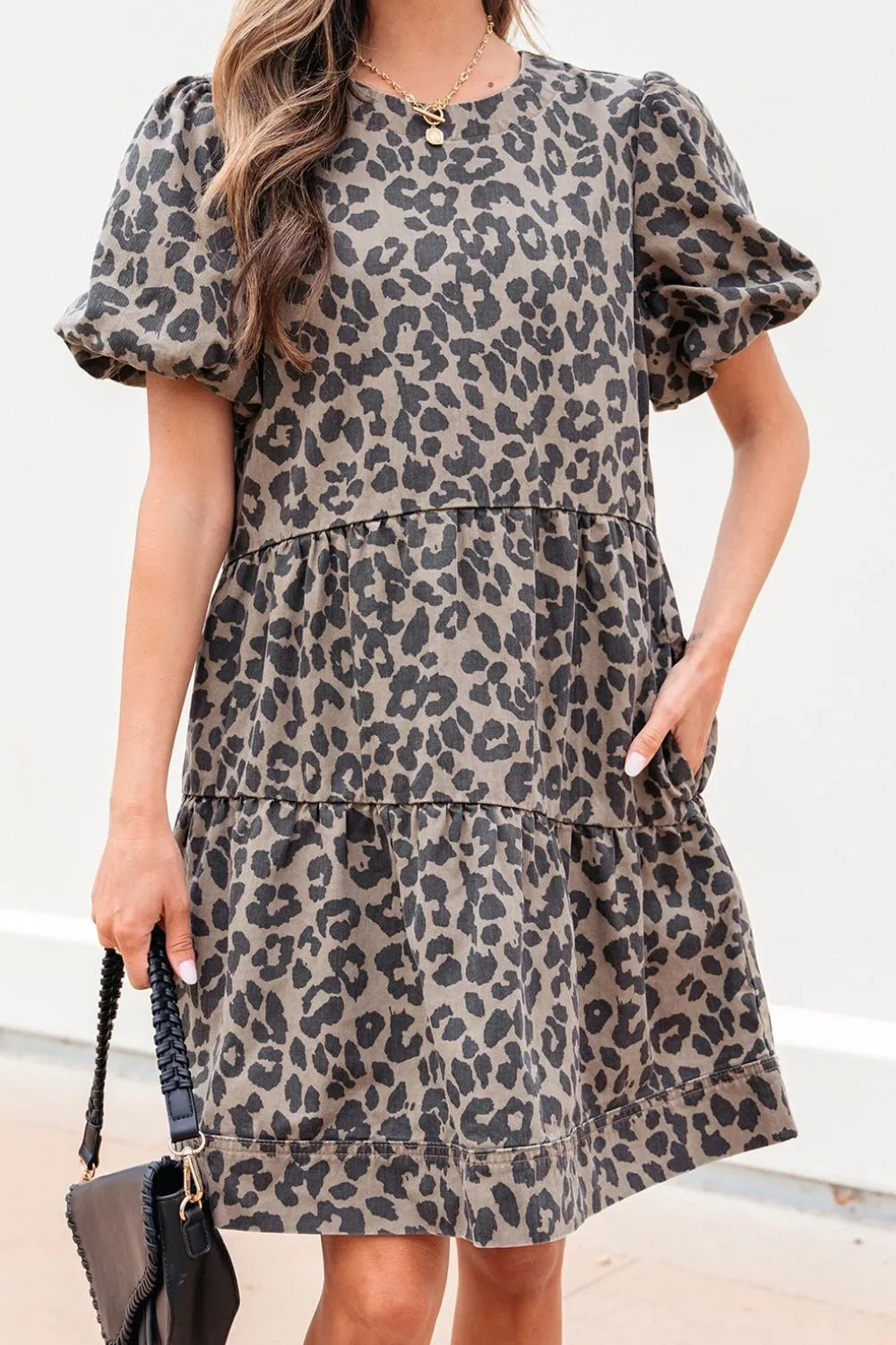 Leopard Round Neck Puff Sleeve Denim Dress - LaTezza Online Shop