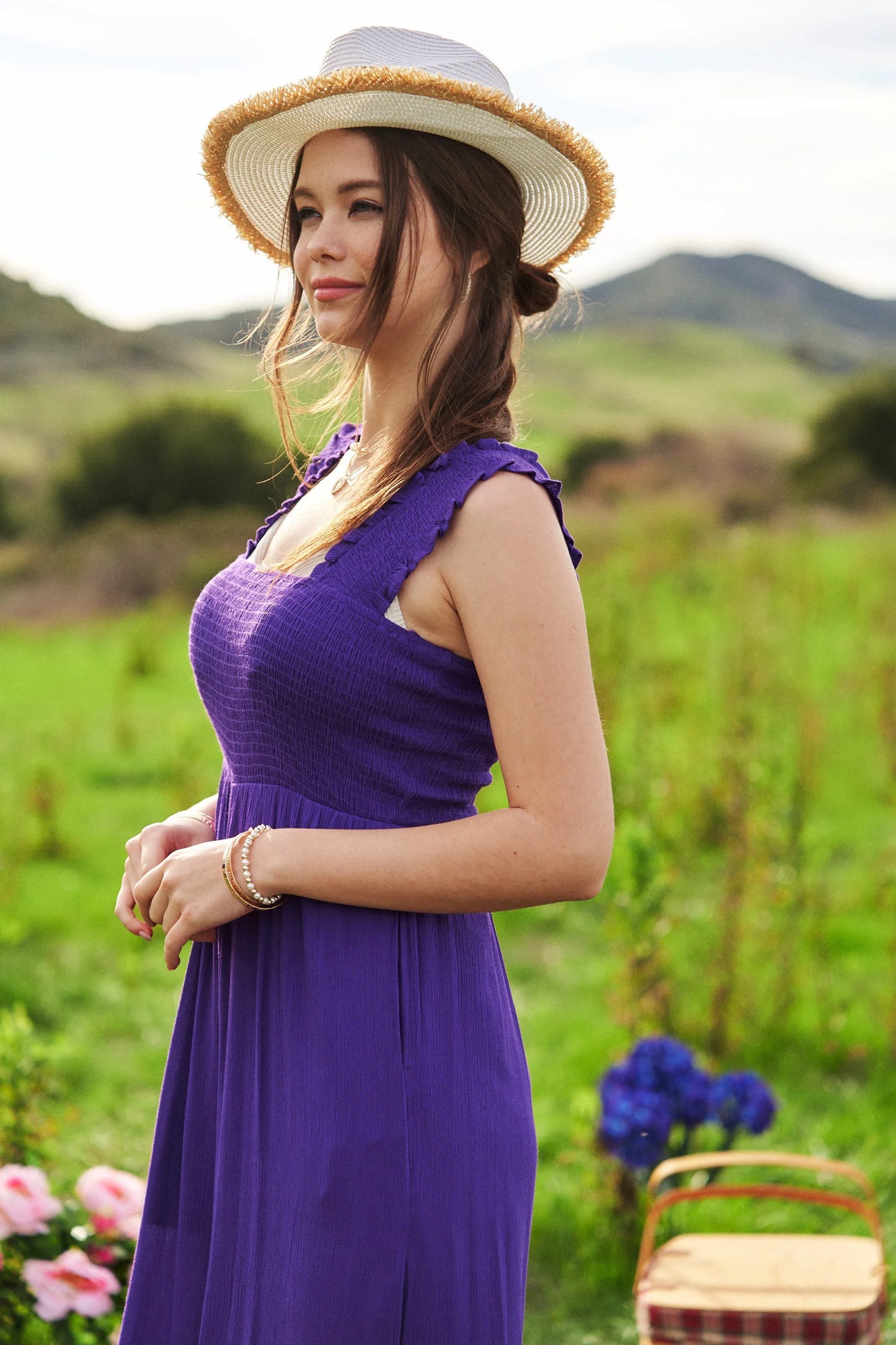 Davi & Dani Smocked Bodice Strap Ruffle Tie Belt Jumpsuit - LaTezza Online Shop