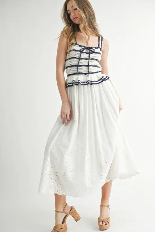 MABLE Crochet Stripe Knit Eyelet Mix Midi Dress - LaTezza Online Shop