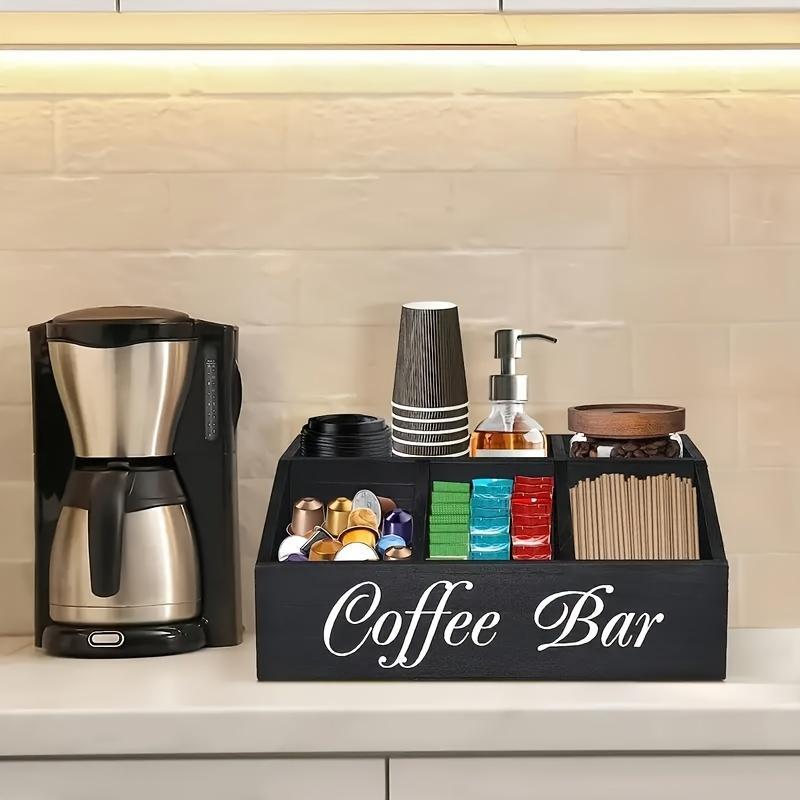 1 Piece Classic Wooden Coffee Bar Storage Box Multi-compartment Coffee Accessories