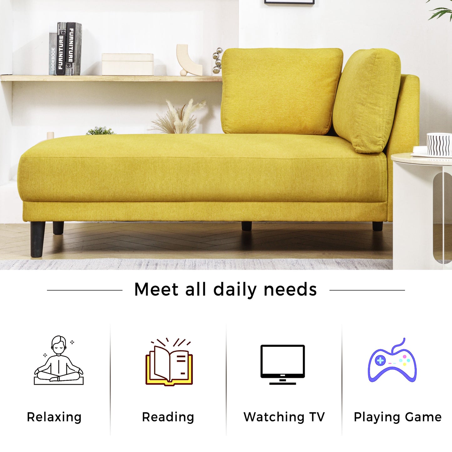 65" Mid-Century Modern Fabric Corner Lounge Chair Upholstered Indoor Chaise Lounge for Bedroom - LaTezza Online Shop