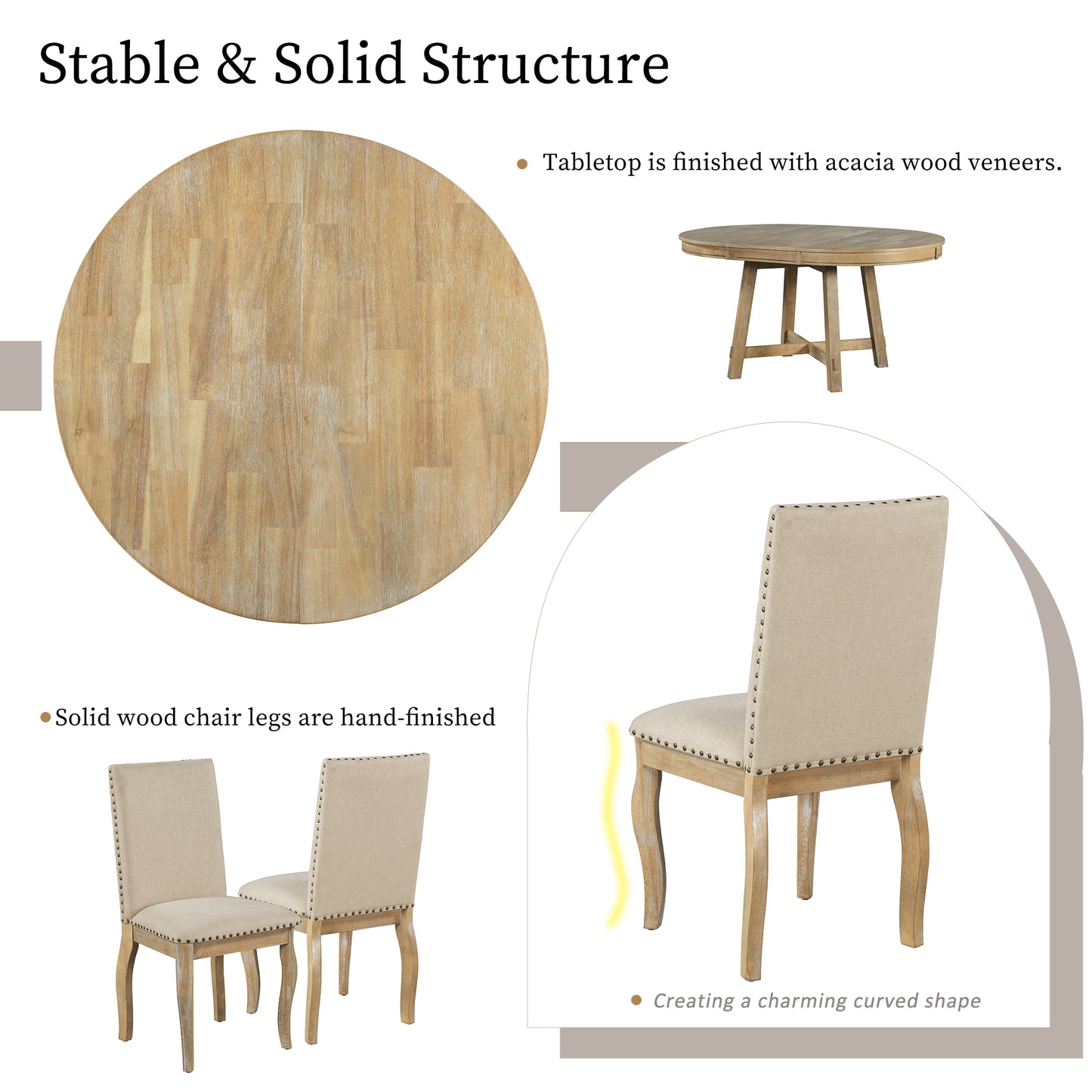 TREXM 5-Piece Farmhouse Dining Table Set Wood Round Extendable Dining Table and 4 Upholstered Dining Chairs (Natural Wood Wash) - LaTezza Online Shop