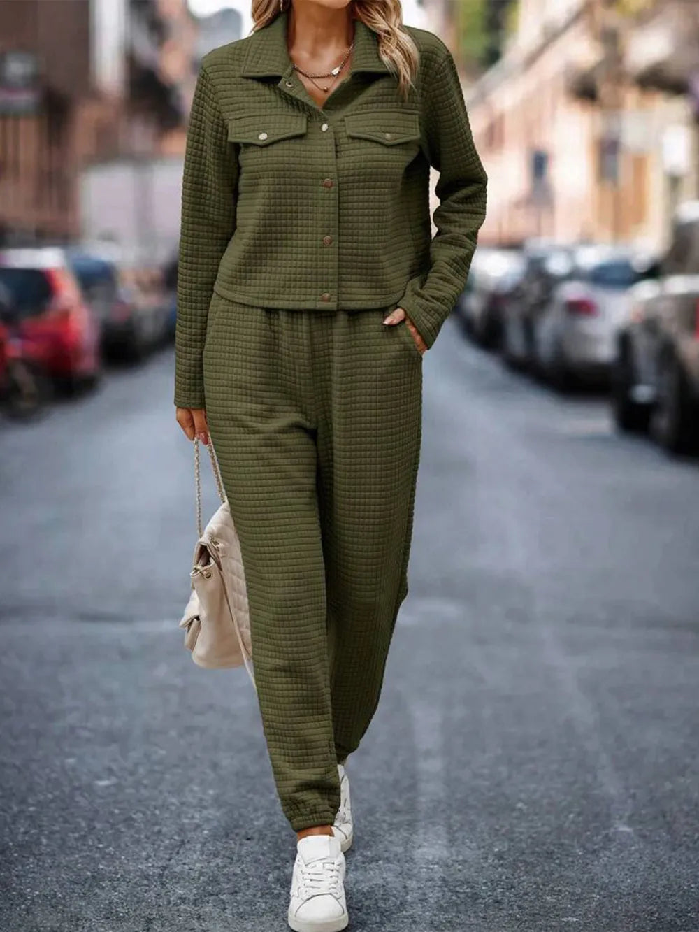 Plaid Texture Snap Down Top and Pants Set - LaTezza Online Shop