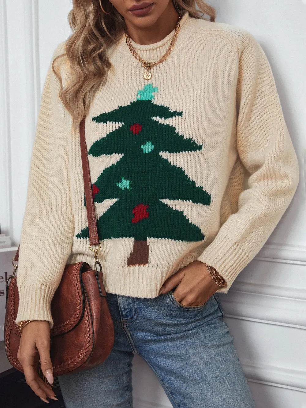 Christmas Tree Round Neck Raglan Sleeve Sweater - LaTezza Online Shop