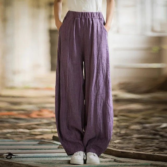 Elegant Women's Cotton Linen Baggy Cargo Pants Vintage Elastic Waist Yoga Trousers Loose Casual Long Wide Leg Oversize Clothes - LaTezza Online Shop
