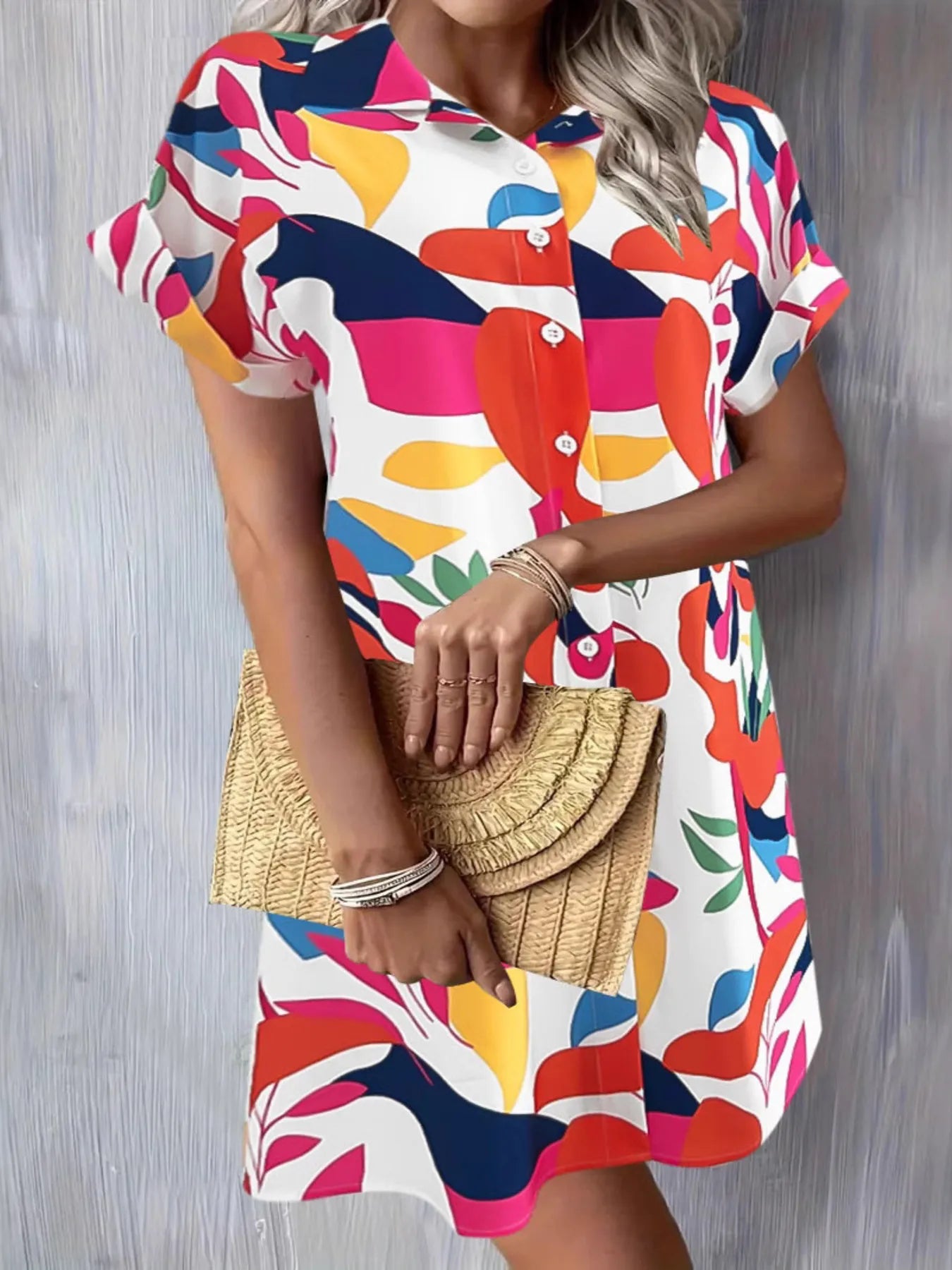 Printed Button Down Short Sleeve Dress