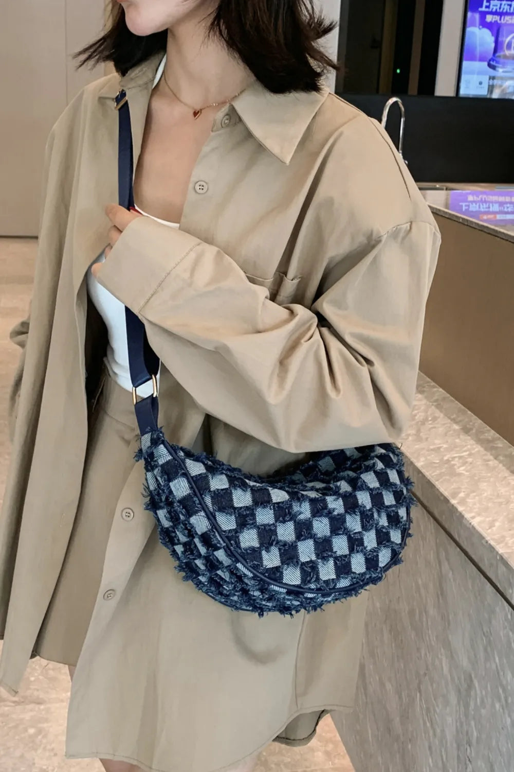 Raw Hem Checkered Denim Crossbody Bag - LaTezza Online Shop