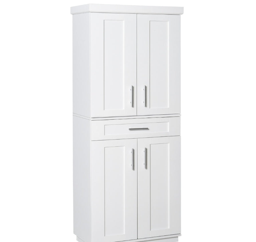 Kitchen Pantry Cabinet 4 Doors, Drawer And 3 Adjustable Shelves For Dining Room, White