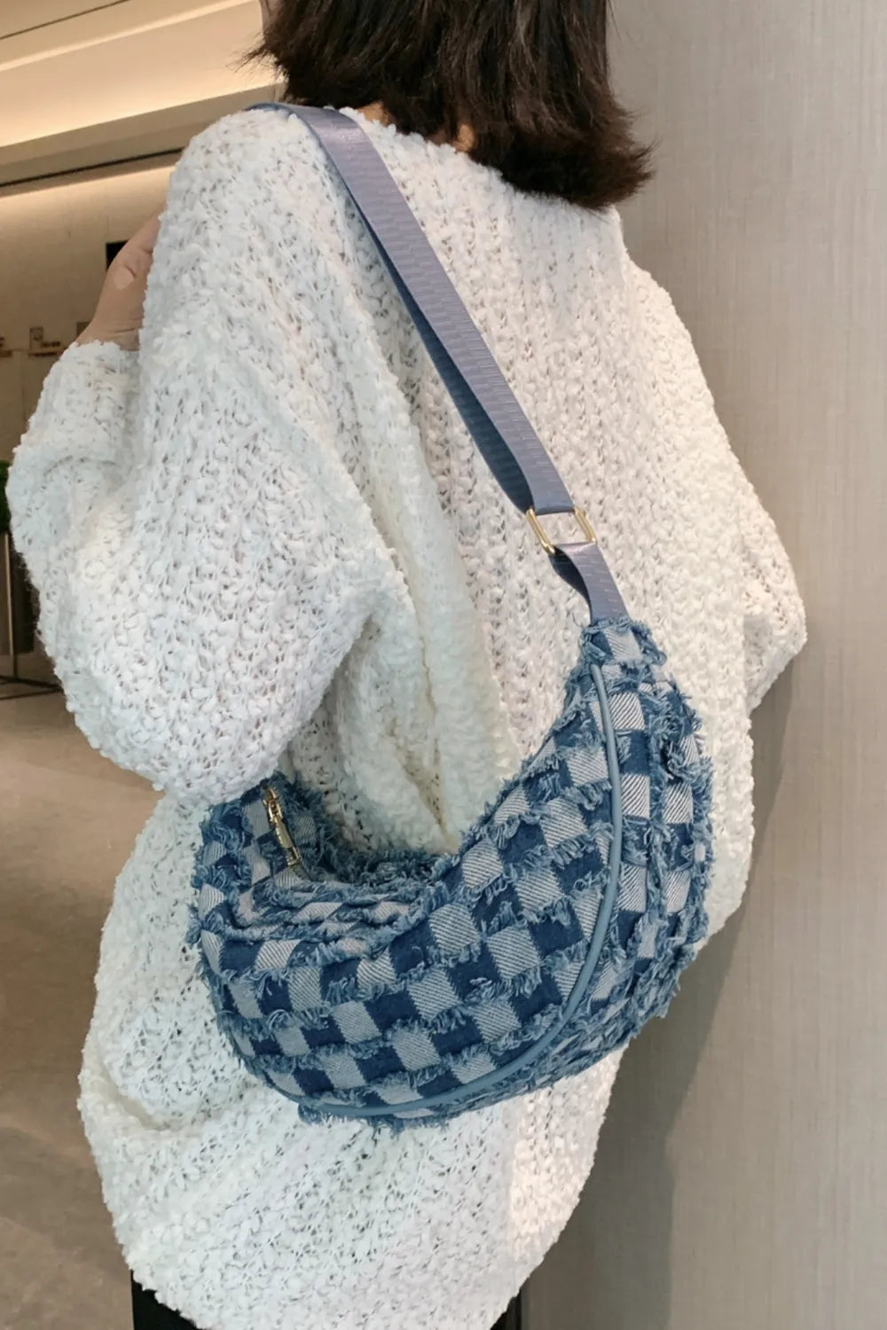 Raw Hem Checkered Denim Crossbody Bag - LaTezza Online Shop