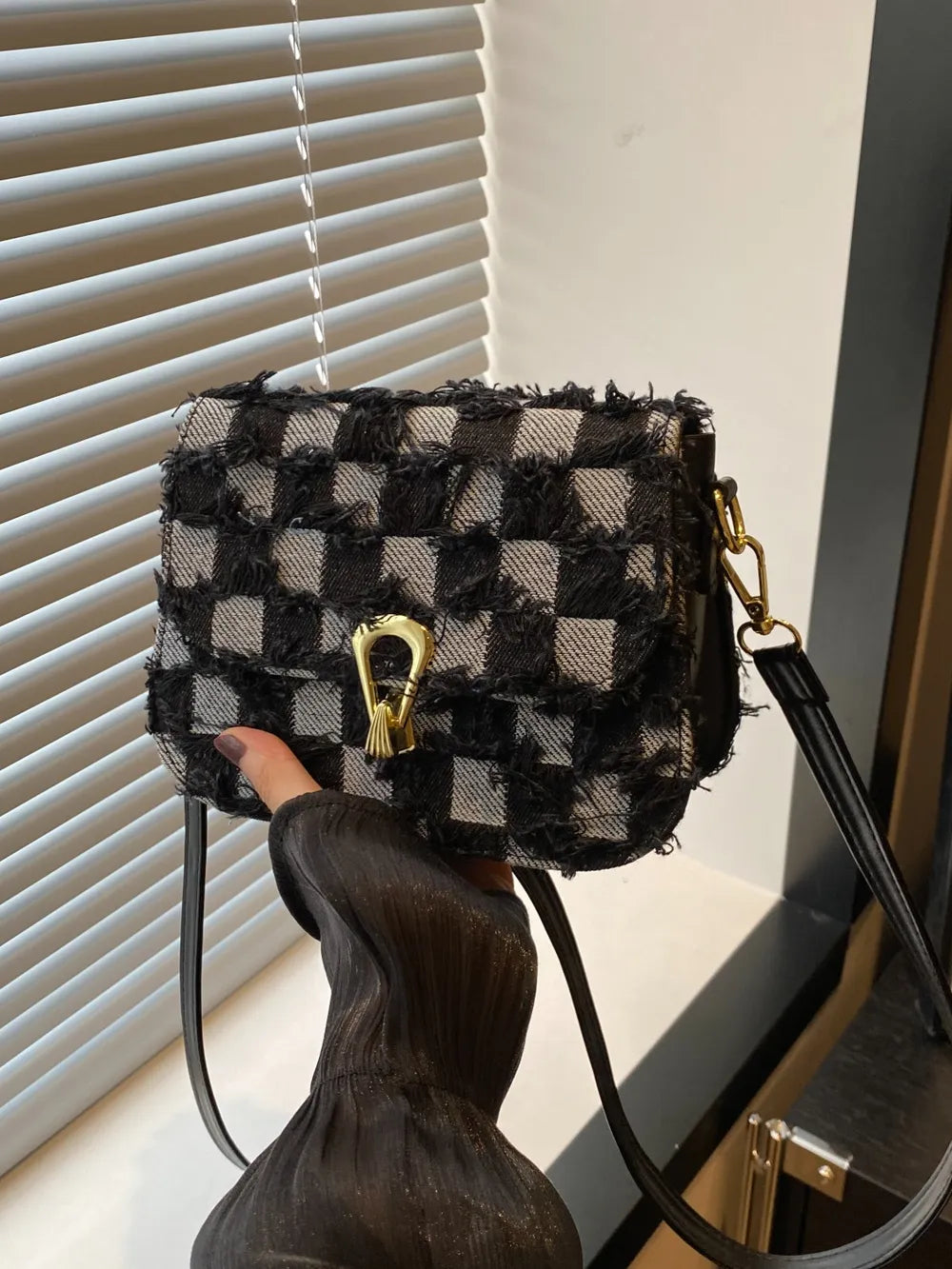 Checkered Raw Hem Adjustable Strap Crossbody Bag - LaTezza Online Shop