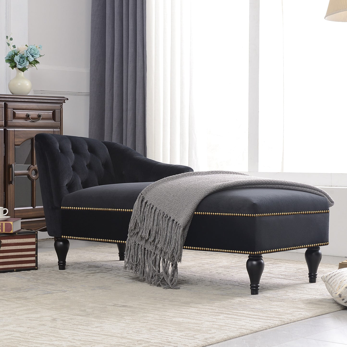 58 inch velvet lounge chair, button cluster right arm lounge chair with nail head decoration and solid wood legs - LaTezza Online Shop