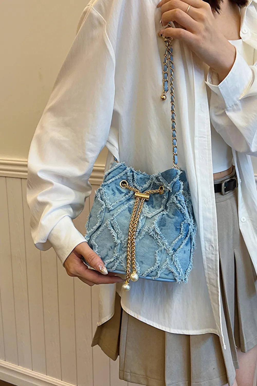 Chain Drawstring Raw Edge Denim Bucket Bag - LaTezza Online Shop