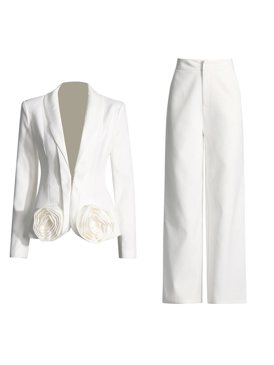 V-neck three-dimensional rose patchwork suit+solid color straight leg suit pants set for women - LaTezza Online Shop