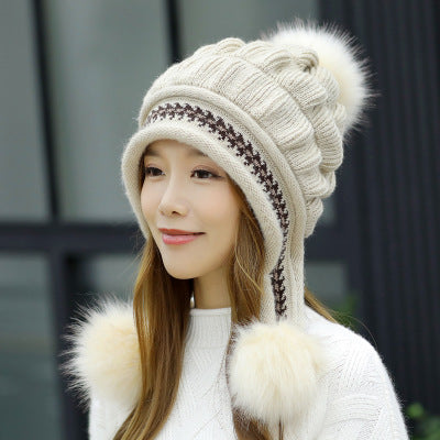 Knit Fleece-Feel Beanie With Ear Flaps & Pompom Warm Winter Hat For Women - LaTezza Online Shop