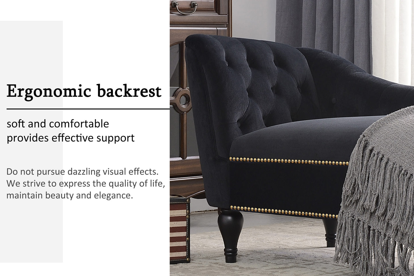 58 inch velvet lounge chair, button cluster right arm lounge chair with nail head decoration and solid wood legs - LaTezza Online Shop