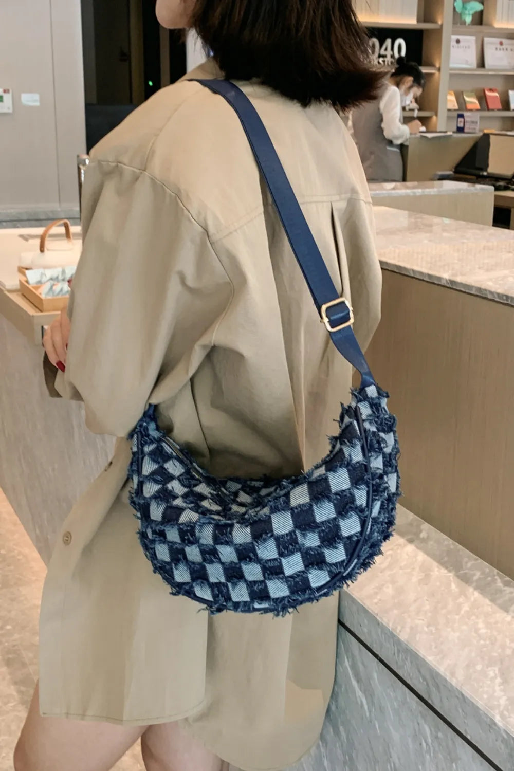Raw Hem Checkered Denim Crossbody Bag - LaTezza Online Shop
