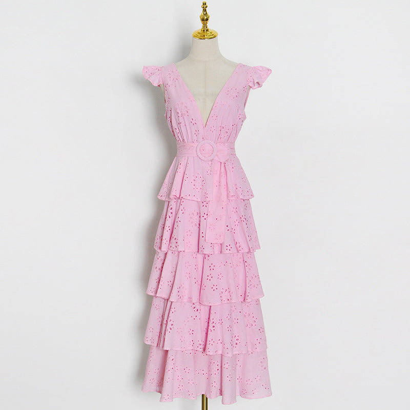 Simple Design Solid Color Cake Skirt Summer New Sexy V-Neck Hook Flower Hollow Stitching Dress - LaTezza Online Shop