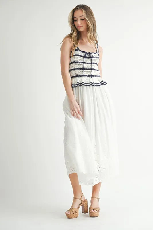 MABLE Crochet Stripe Knit Eyelet Mix Midi Dress - LaTezza Online Shop