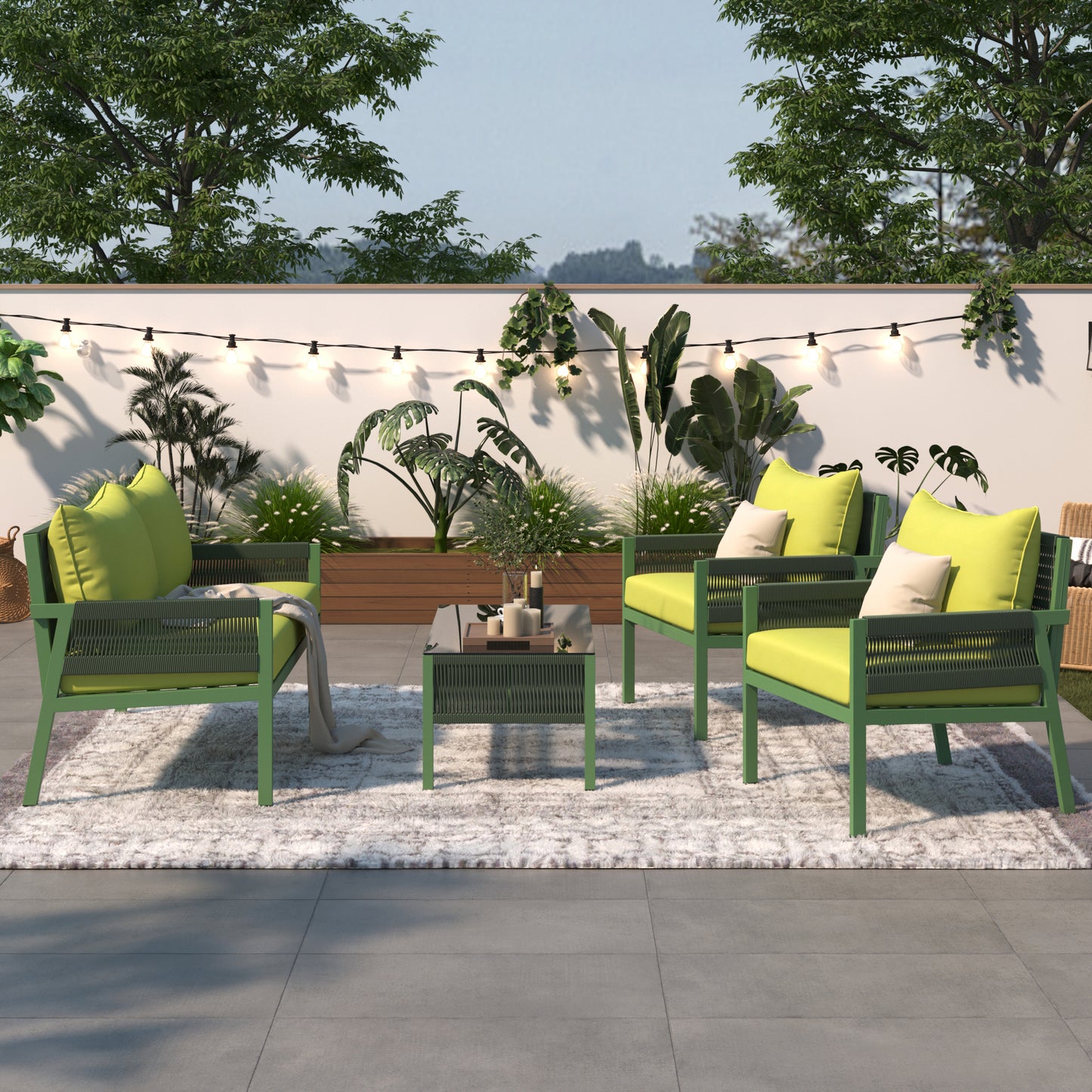 Outdoor Furniture with Tempered Glass Table, Set Deep Seating with Thick Cushion (Fluorescent Yellow & Green) - LaTezza Online Shop