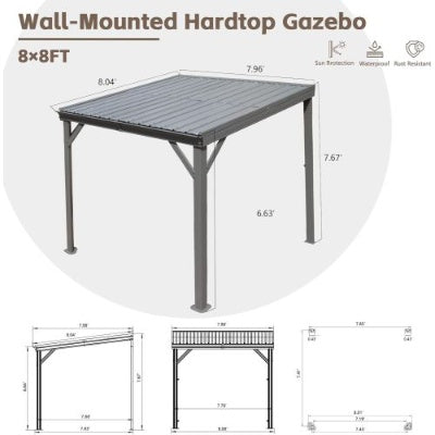 8x 8 Lean To Gazebo With Upgraded Drainage System Wall Mounted Hardtop Galvanized Steel Sloping Roof Gray