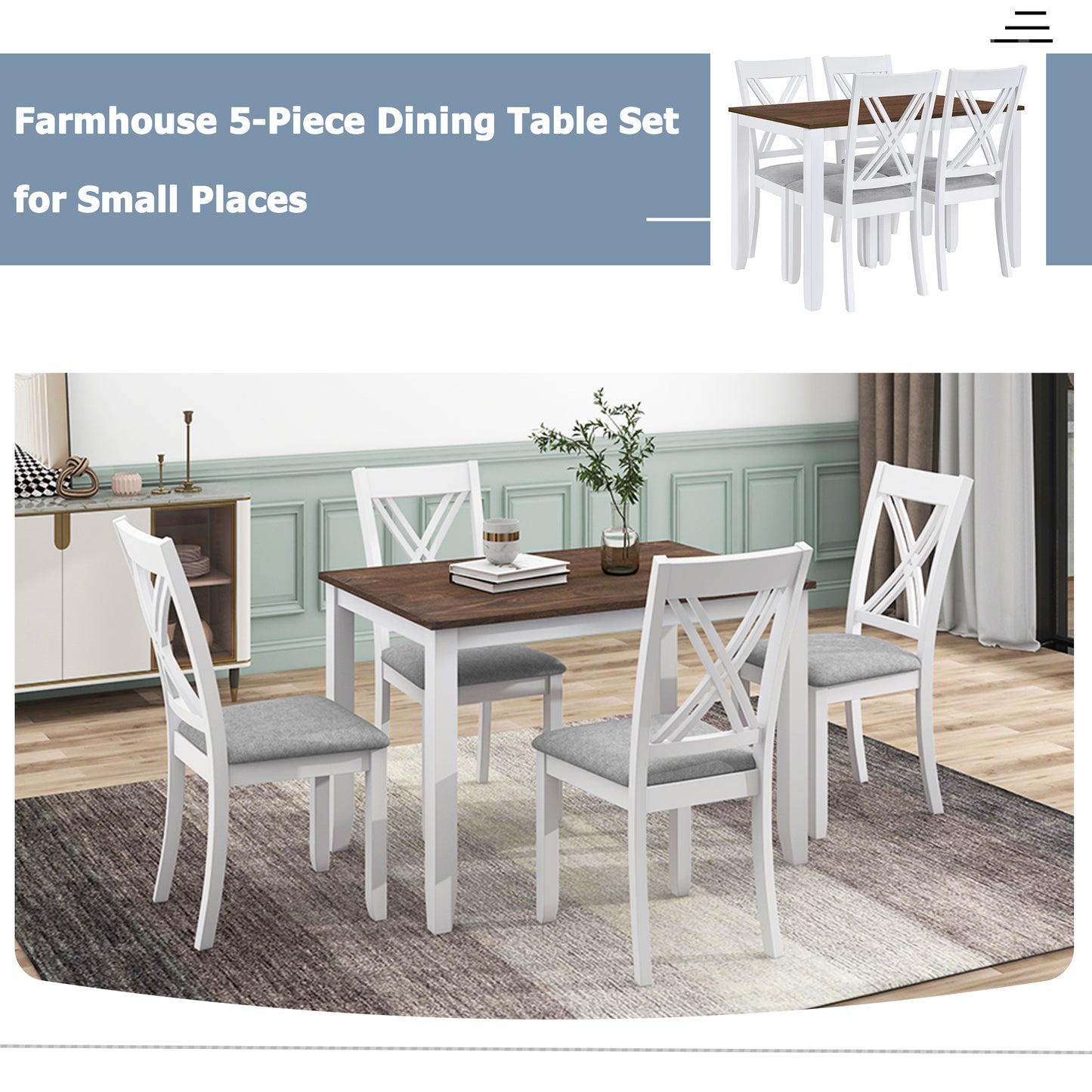 TOPMAX Rustic Minimalist Wood 5-Piece Dining Table Set with 4 X-Back Chairs for Small Places White - LaTezza Online Shop